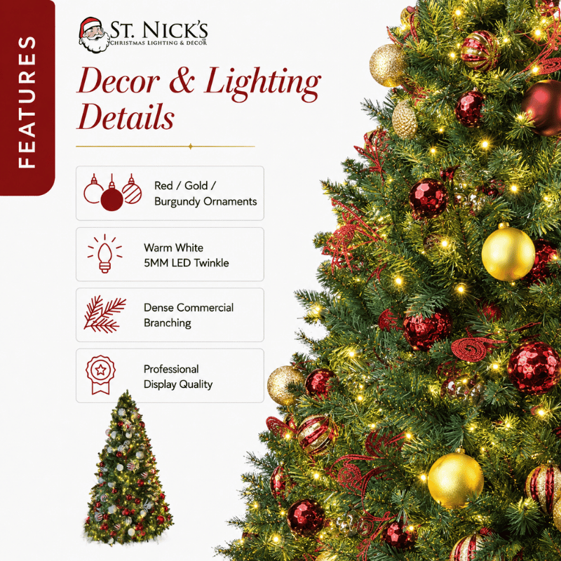 7.5FT Pre-Decorated Commercial PVC Christmas Tree with Red, Burgundy & Gold Ornaments