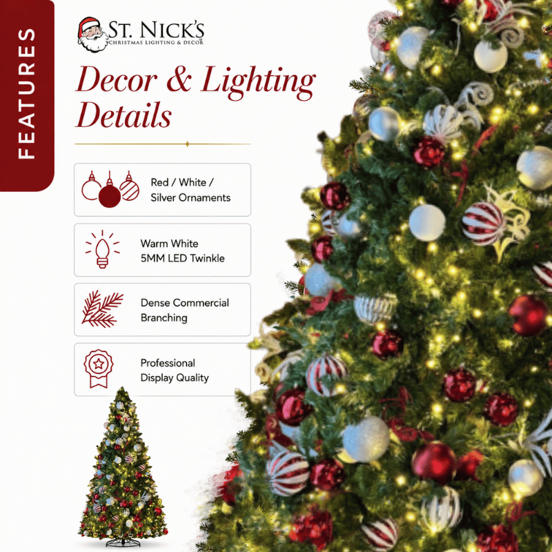 7.5 ft Pre-Decorated Commercial PVC Christmas Tree with Red, White & Silver Ornaments