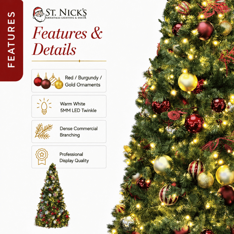 9FT Pre-Decorated Commercial PVC Christmas Tree with Red, Burgundy & Gold Ornaments – Warm White Lights