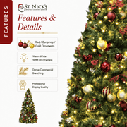 9FT Pre-Decorated Commercial PVC Christmas Tree with Red, Burgundy & Gold Ornaments – Warm White Lights