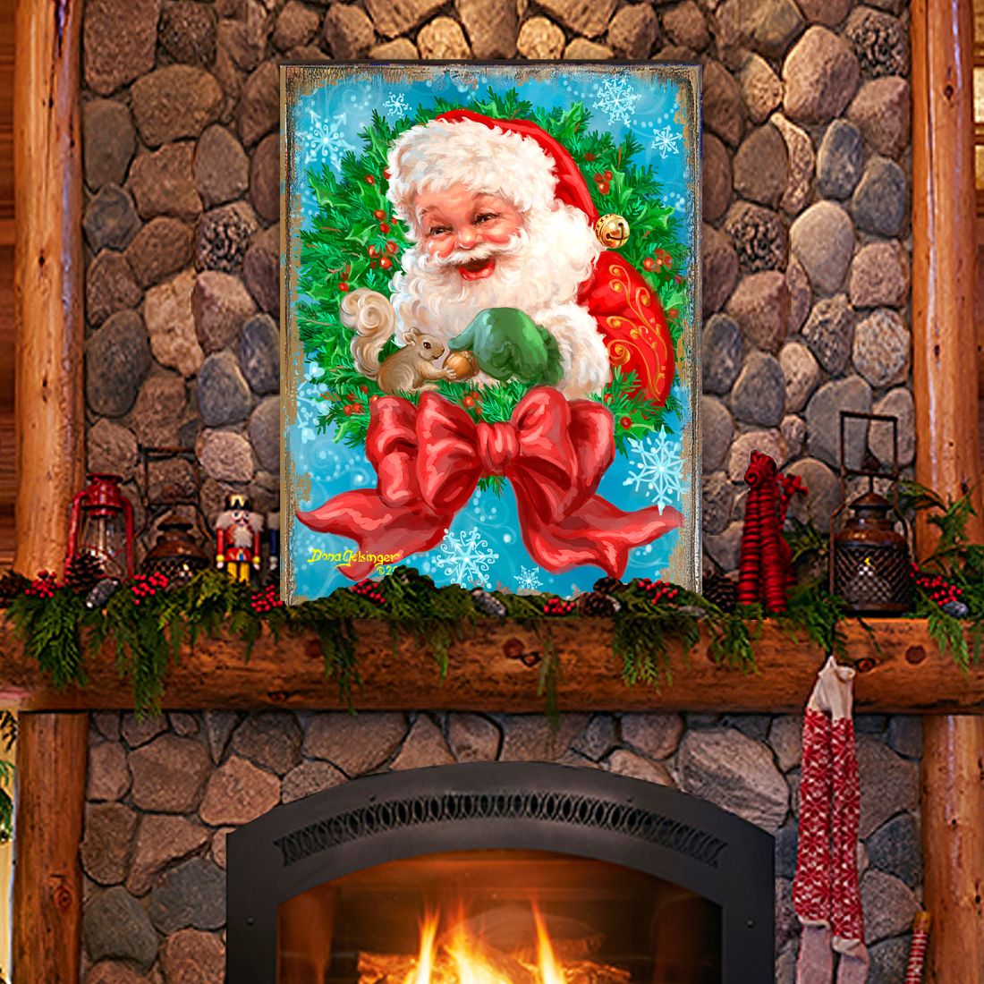 Santa Bow Wreath Art Wooden Wall Art by D. Gelsinger - Christmas Santa Snowman Decor - 95606B-1309