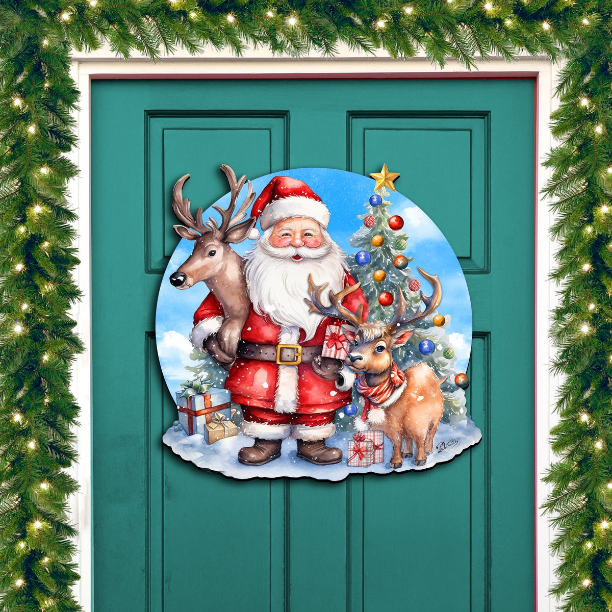 Santa with Reindeers Holiday Door Decor