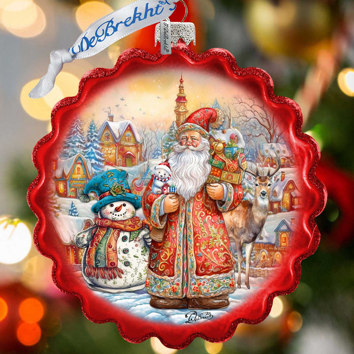 Merry Christmas Wreath Glass Ornament by G. Debrekht - Christmas Santa Snowman Decor - 759-058