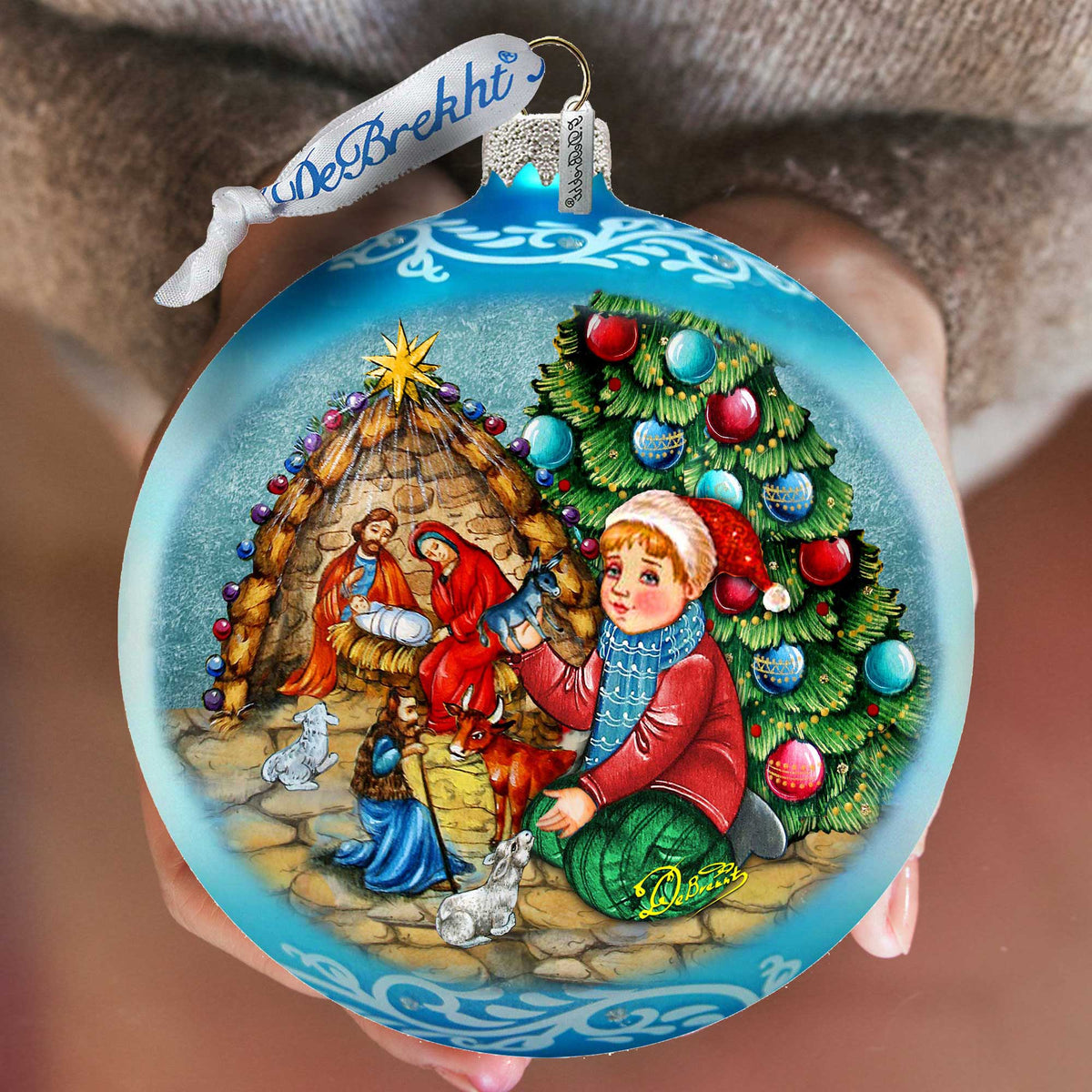 Nativity by the Christmas Tree Lg Glass Ornament in Blue by G.Debrekht - Christmas Decor - 73930B