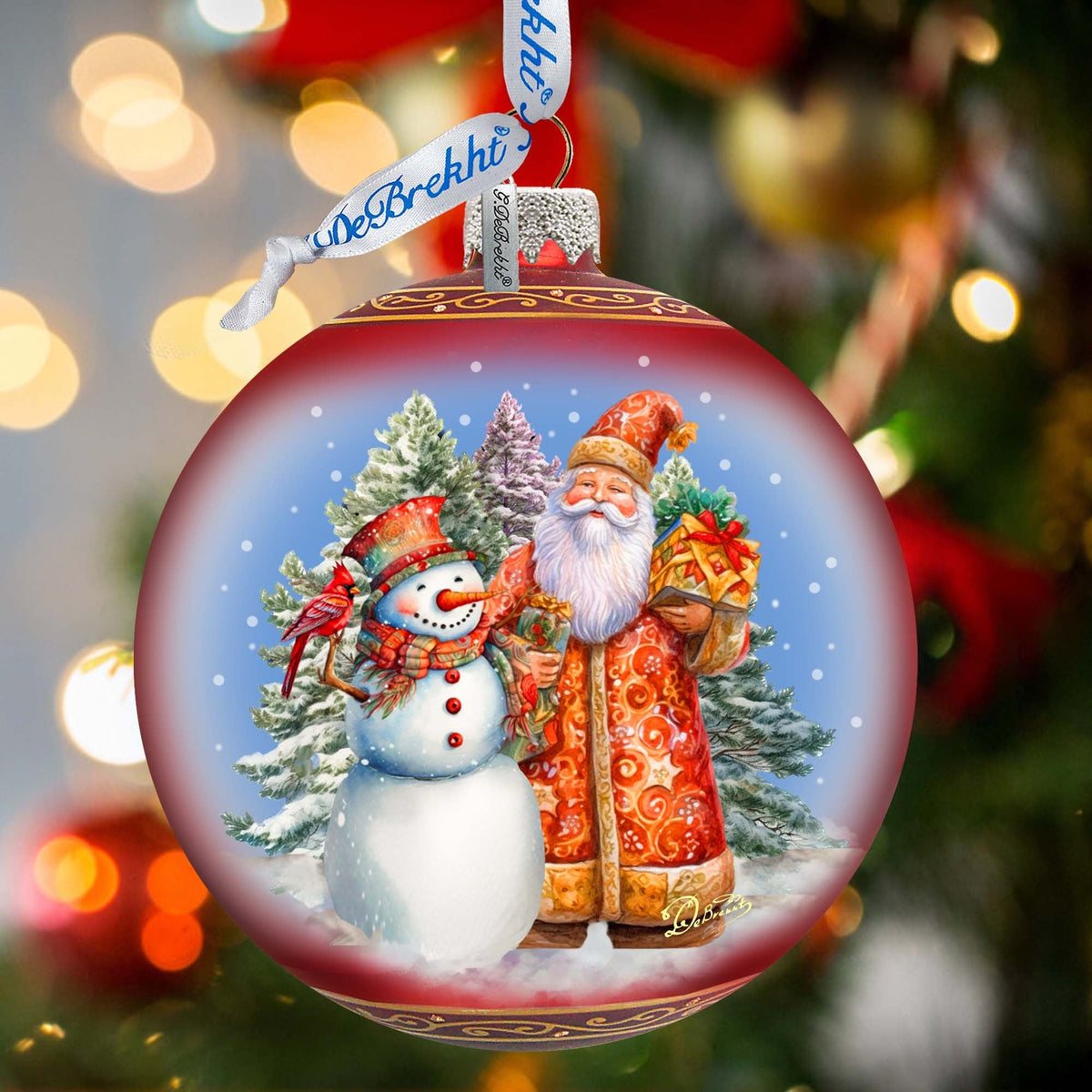 Santas Frosty Friend Lg Glass Ornament by G.Debrekht - Christmas Santa Snowman Decor - 73941