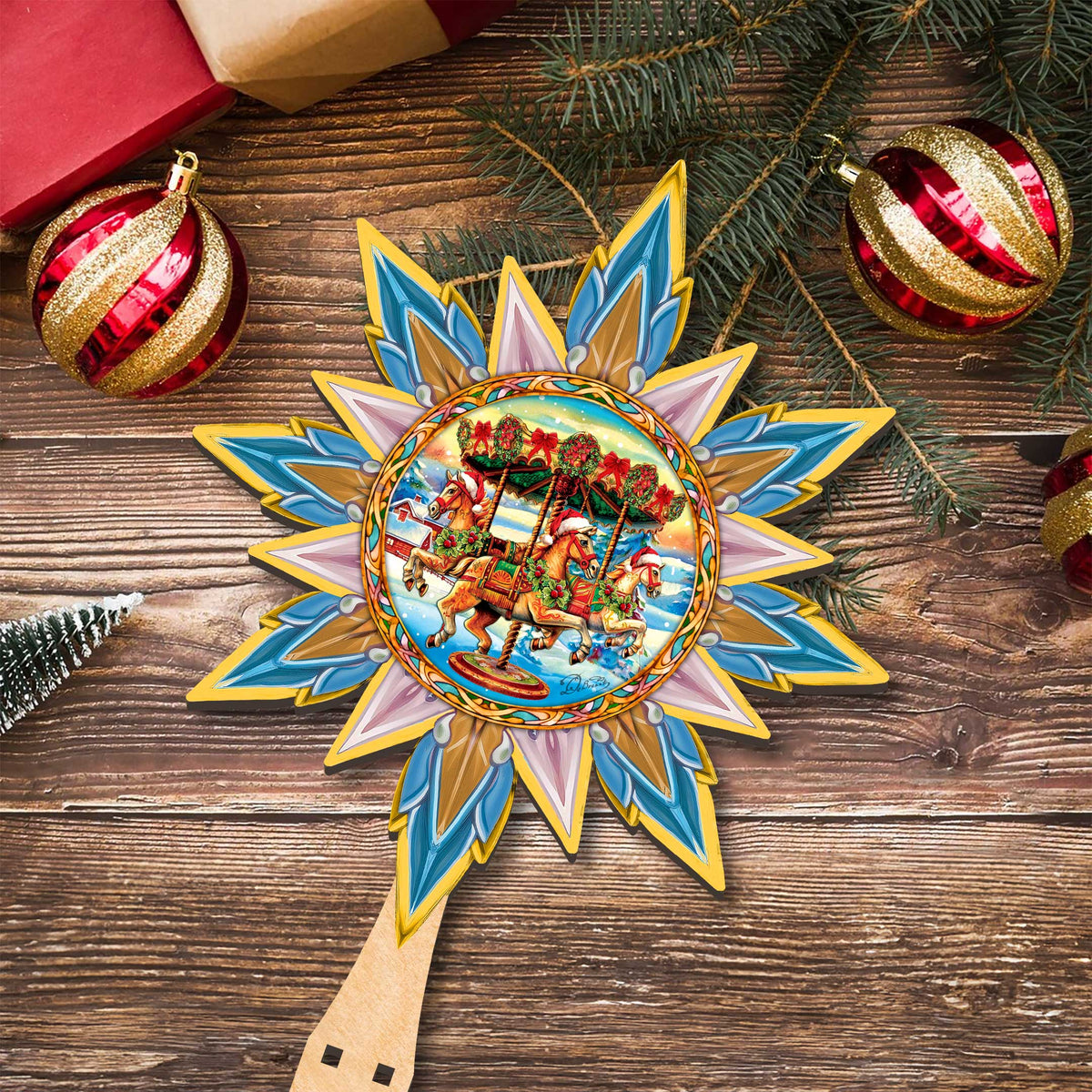 Christmas Carousel Star Tree Topper Wooden Decor