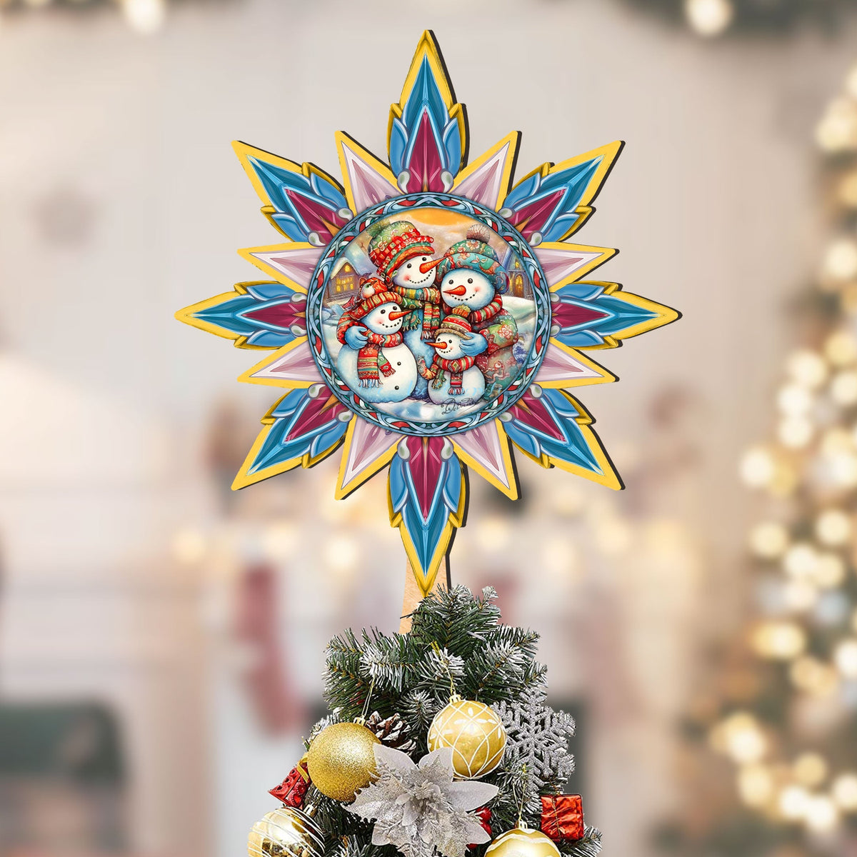 Snowman Family Star Tree Topper Wooden Decor