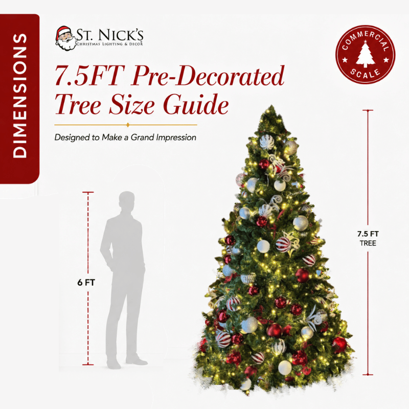 7.5 ft Pre-Decorated Commercial PVC Christmas Tree with Red, White & Silver Ornaments