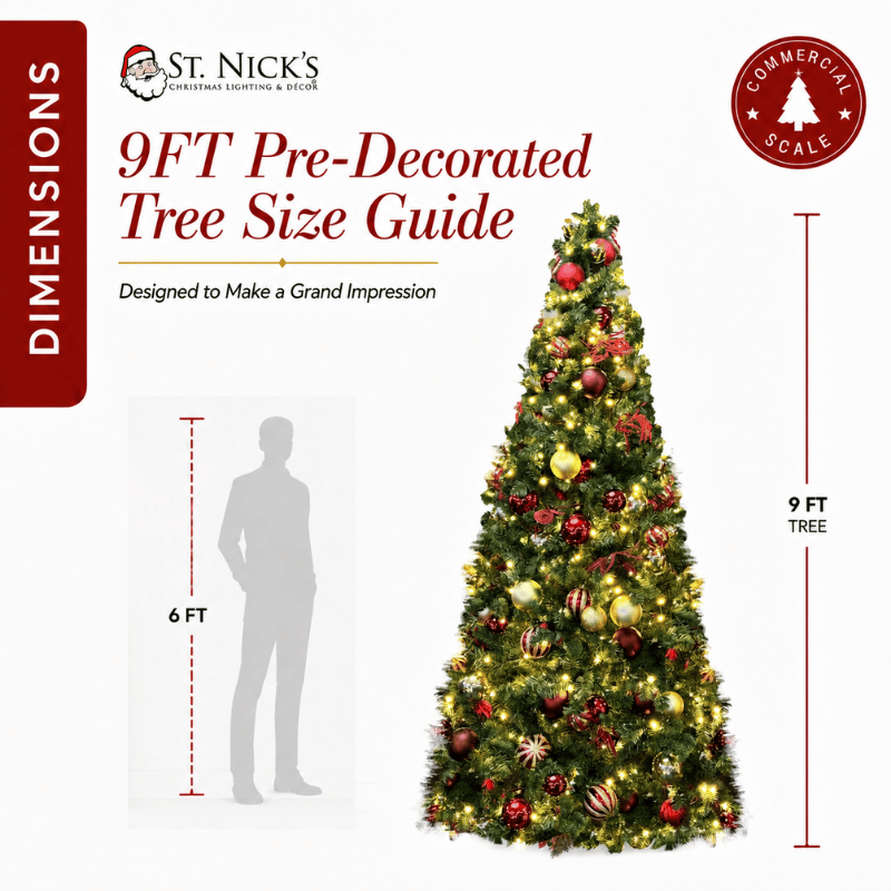 9FT Pre-Decorated Commercial PVC Christmas Tree with Red, Burgundy & Gold Ornaments – Warm White Lights