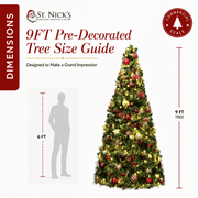 9FT Pre-Decorated Commercial PVC Christmas Tree with Red, Burgundy & Gold Ornaments – Warm White Lights