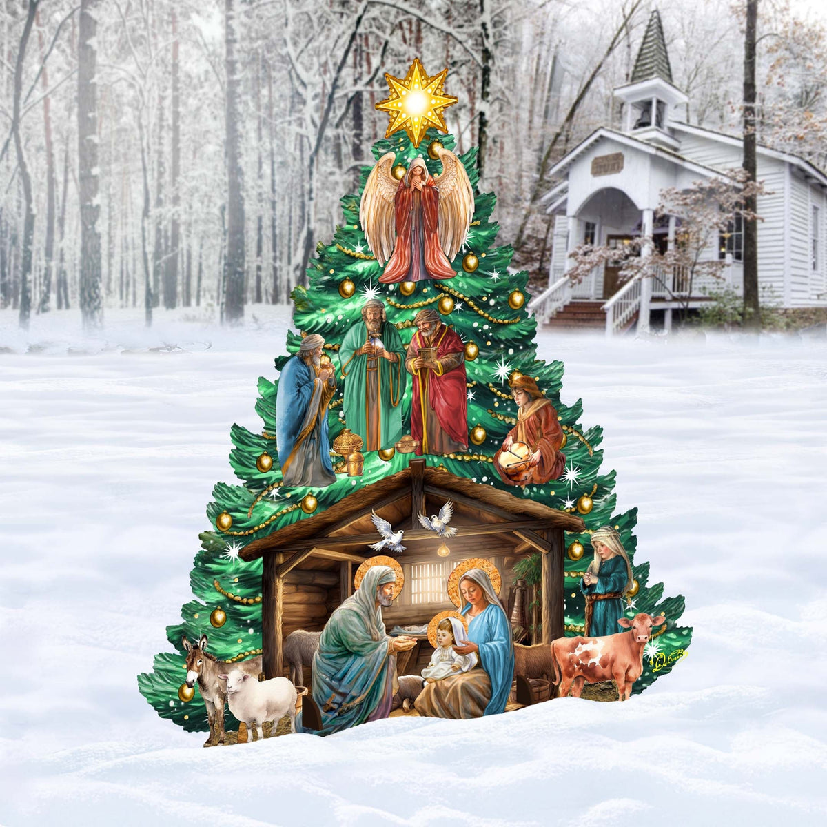 Nativity-Themed Christmas Tree Outdoor Indoor Decor Wooden Christmas Decoration