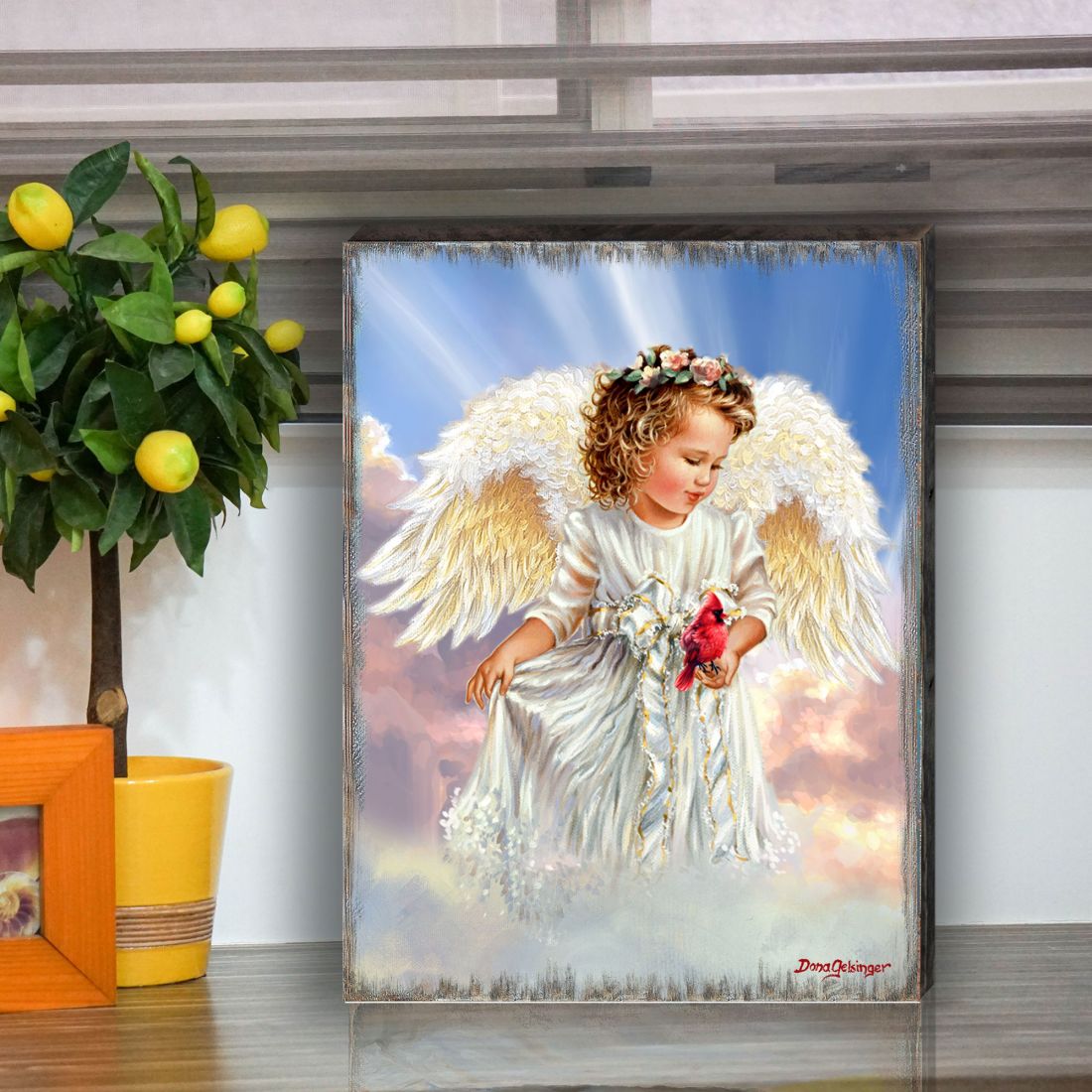 Angel with Cardinal Art Wooden Wall Art by D. Gelsinger - Nativity Holiday Decor - 95676B-DG
