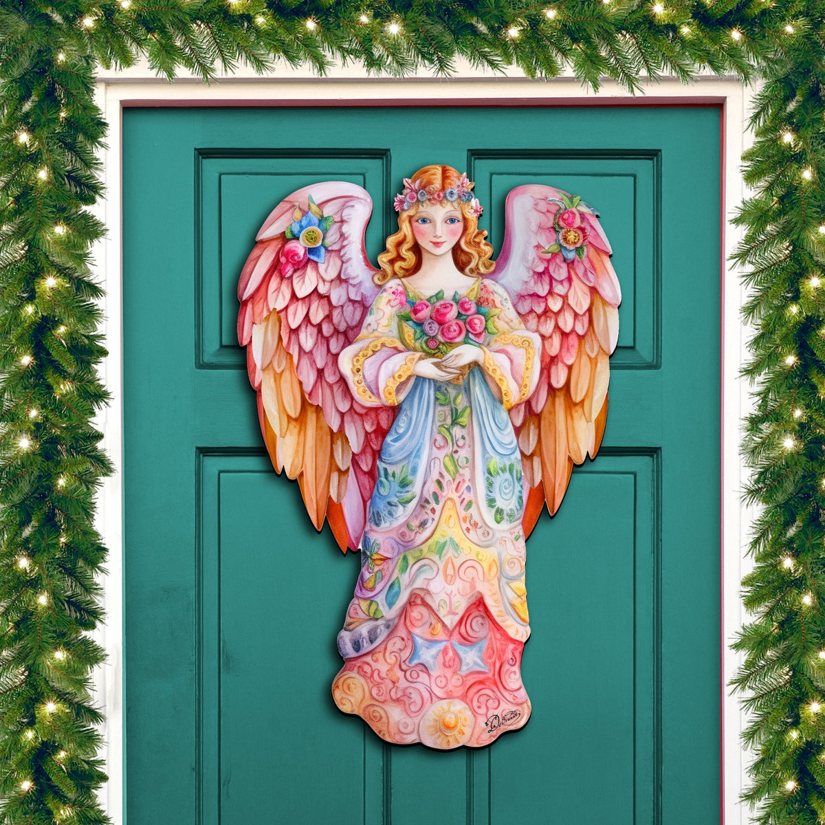 Pink Floral Angel Holiday Door Decor  by G. Debrekht - Christmas Decor - 8611023H
