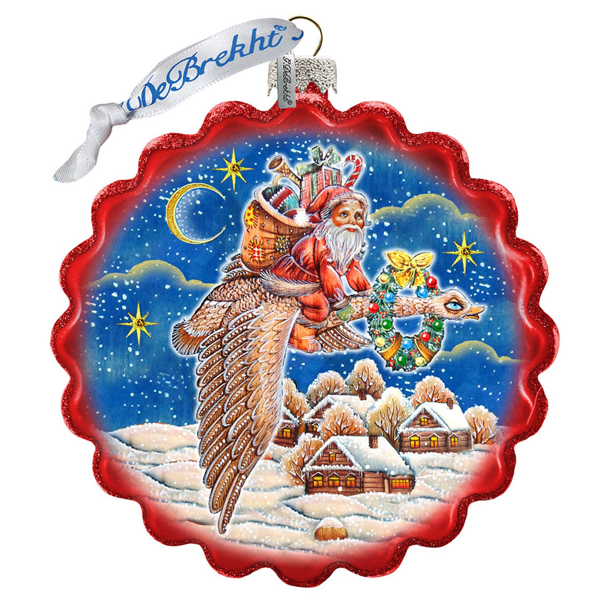 Santa on Goose Wreath Glass Ornament by G. DeBrekht - Christmas Santa Snowman Decor - 759-036