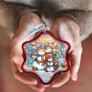 Cheerful Snowmen Snowflake Glass Ornament by G. Debrekht - Christmas Santa Snowman Decor - 754-046