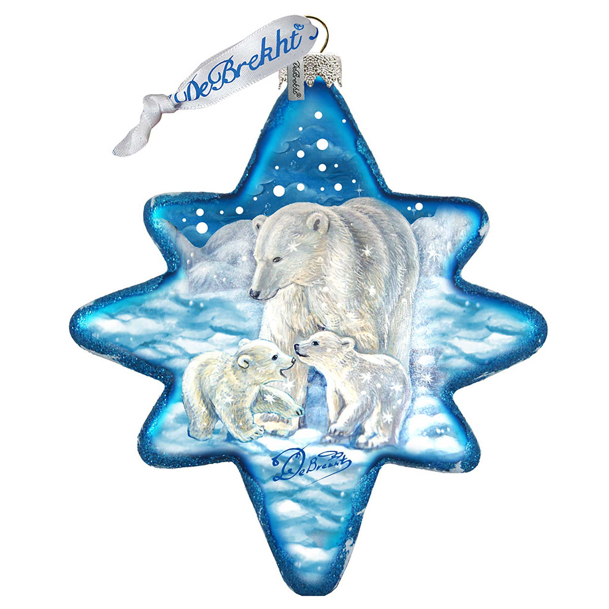 White Christmas Polar Bears North Star Glass Ornament by G. DeBrekht - Wildlife Holiday Decor - 755-012