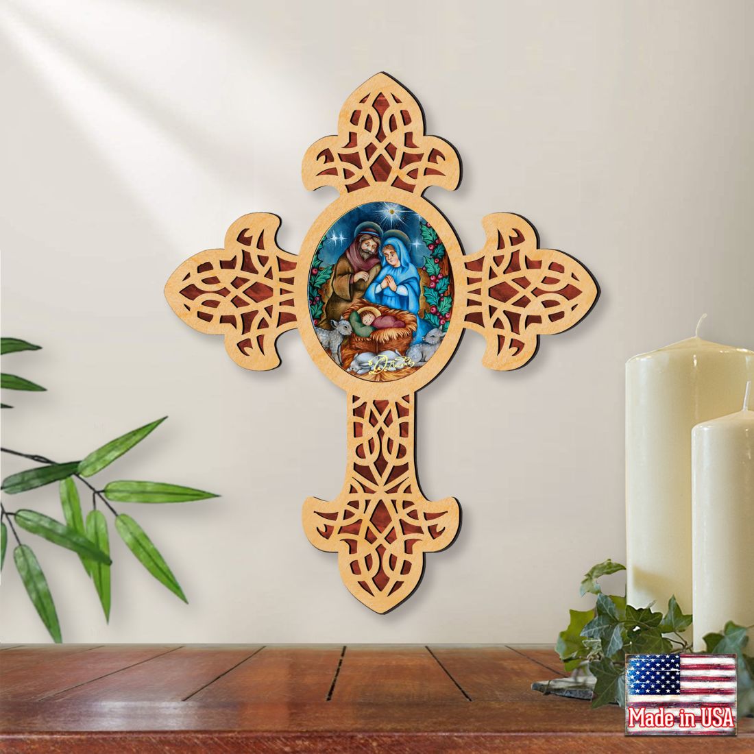 Village Nativity Pointy Wooden Cross by Museum Icons - Inspirational Icon Decor - 88389