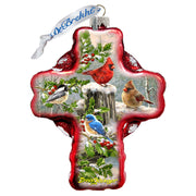 Winter Cardinals Cross Glass Ornament