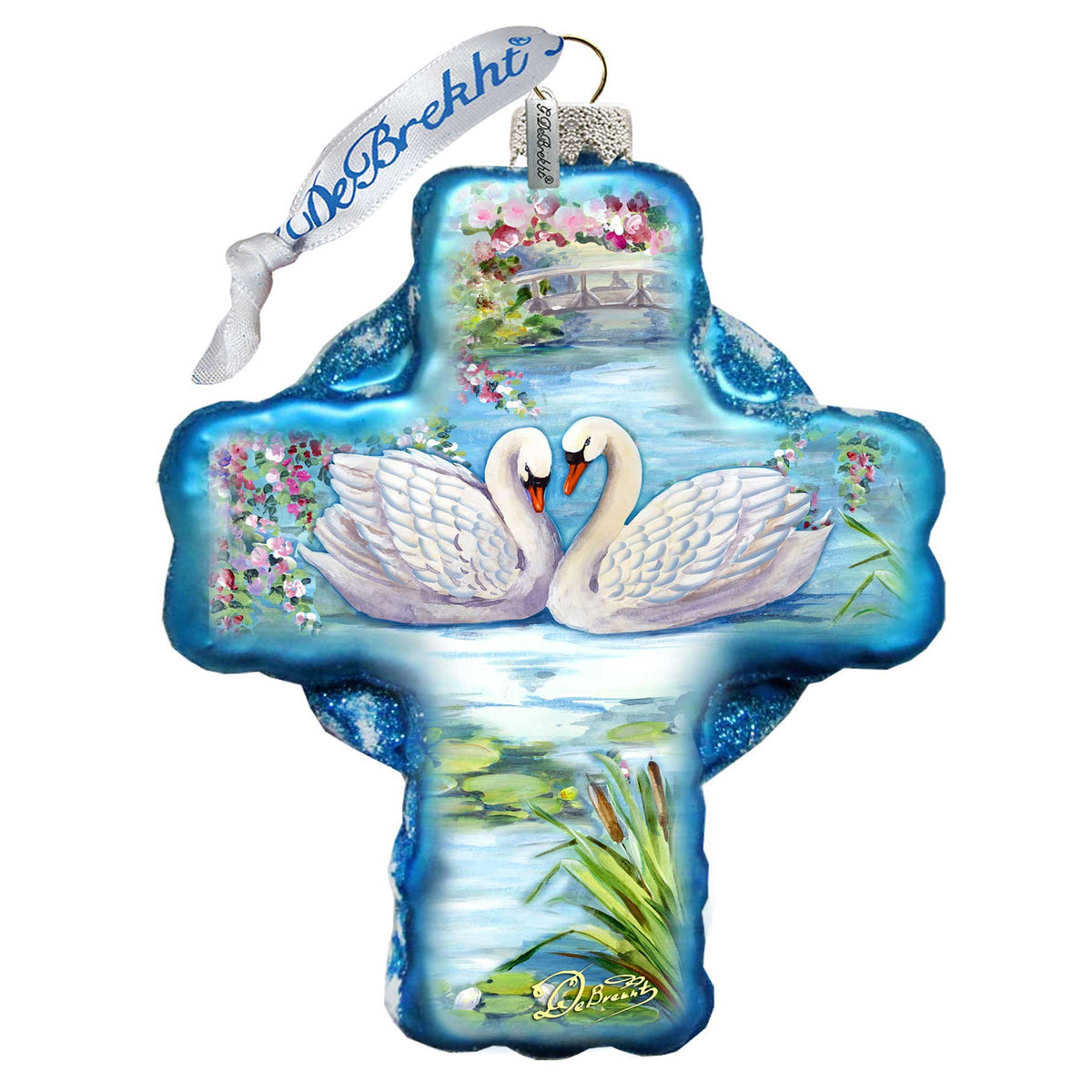 Love of Swans Cross Glass Ornament