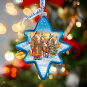 Santa with Reindeer Star Glass Ornament