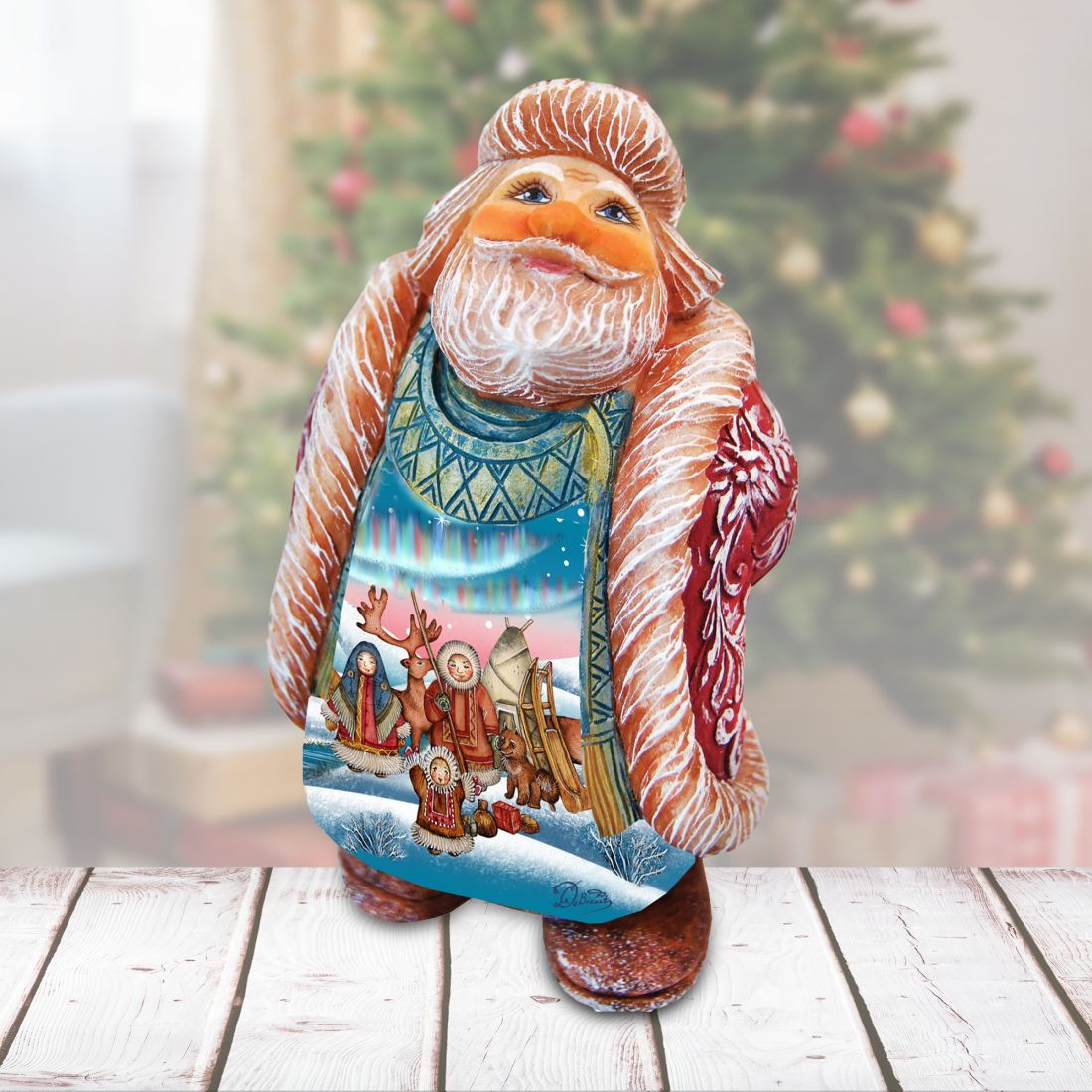 North Pole Looking Up Santa Handcrafted Christmas Figurine - G. DeBrekht - Christmas Santa Snowman Decor - 534523