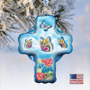 Blue Butterflies Cross Glass Ornament by G. DeBrekht - Nativity Holiday Decor - 758-003