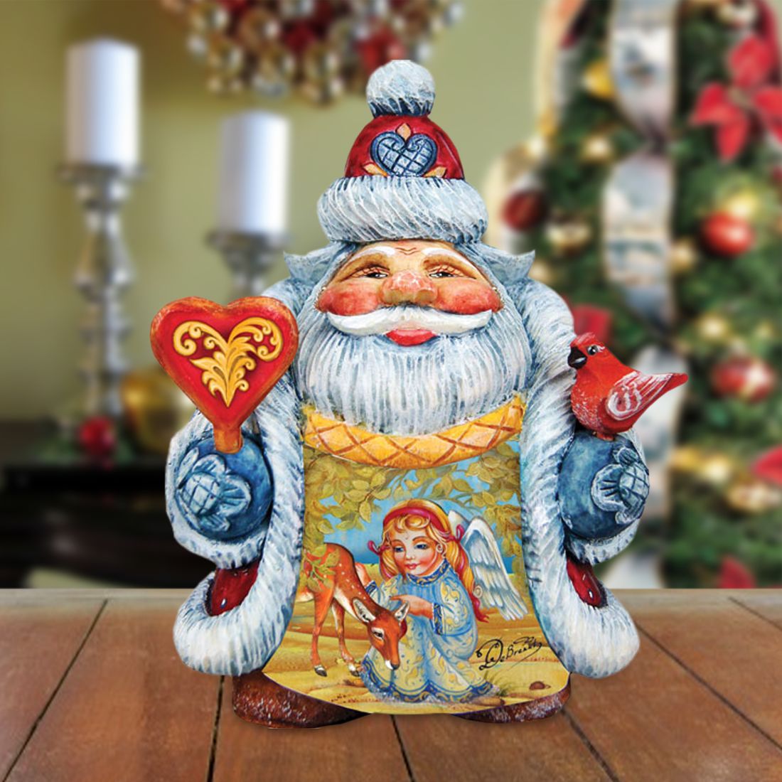 Santa with Angel and Deer Handcrafted Christmas Figurine