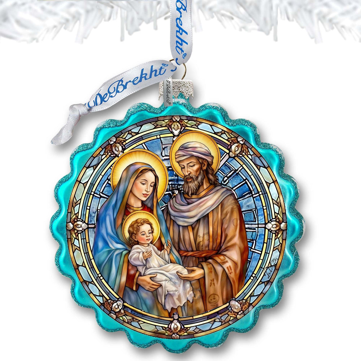 Classical Holy Family Wreath Glass Ornament by G. Debrekht - Nativity Holiday Decor - 759-057
