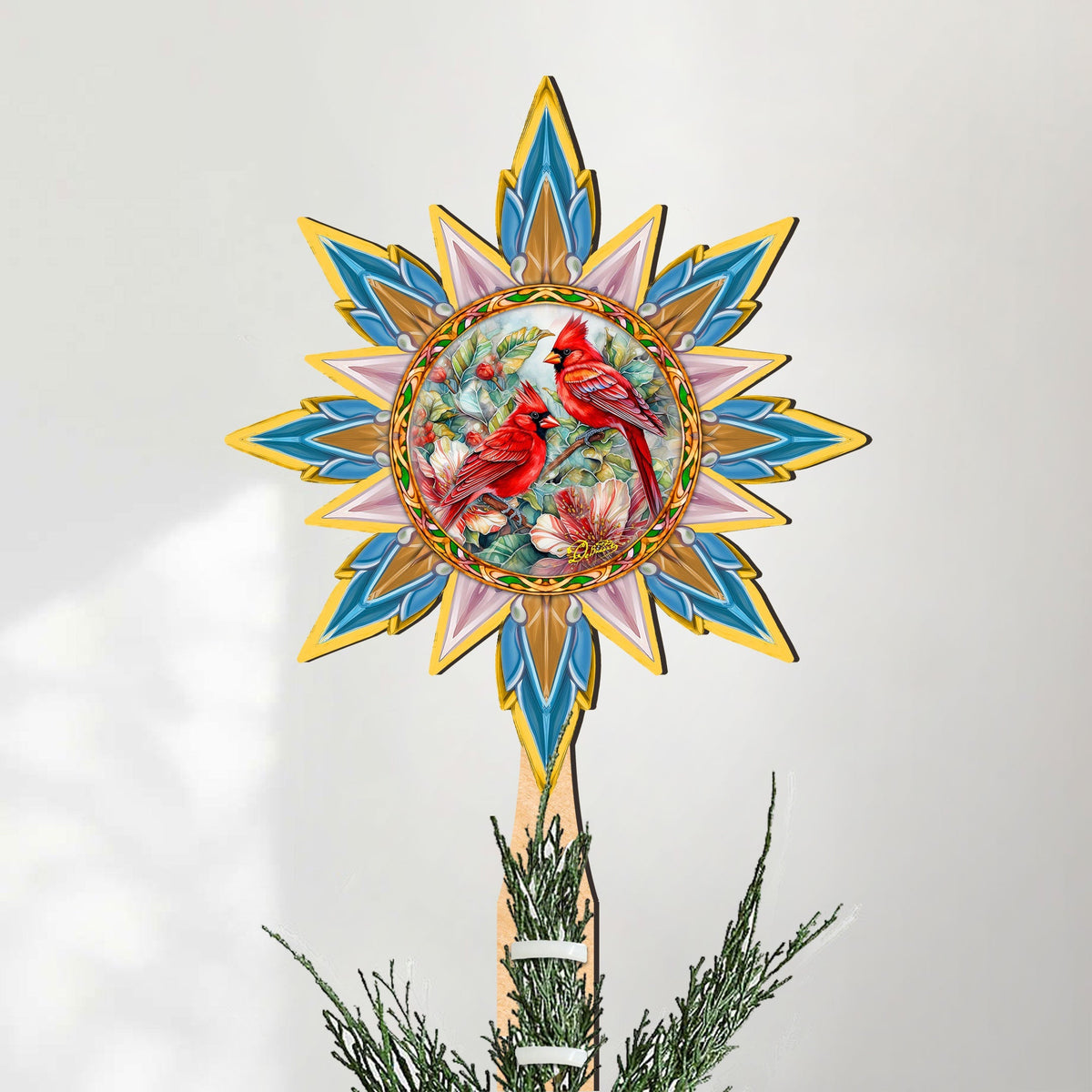 Christmas Cardinals Star Tree Topper Wooden Decor