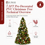 7.5 ft Pre-Decorated Commercial PVC Christmas Tree with Red, White & Silver Ornaments