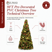 9FT Pre-Decorated Commercial PVC Christmas Tree with Red, Burgundy & Gold Ornaments – Warm White Lights