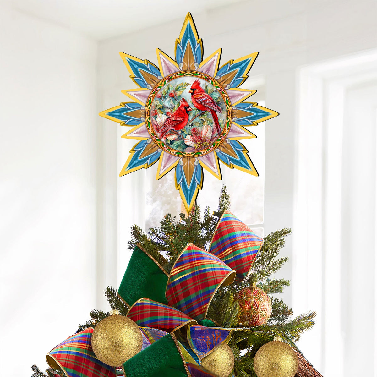 Christmas Cardinals Star Tree Topper Wooden Decor