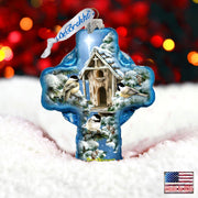 Winter Birds House Icon Cross Glass Ornament by D. Gelsinger - Nativity Holiday Decor - 758-022-DG