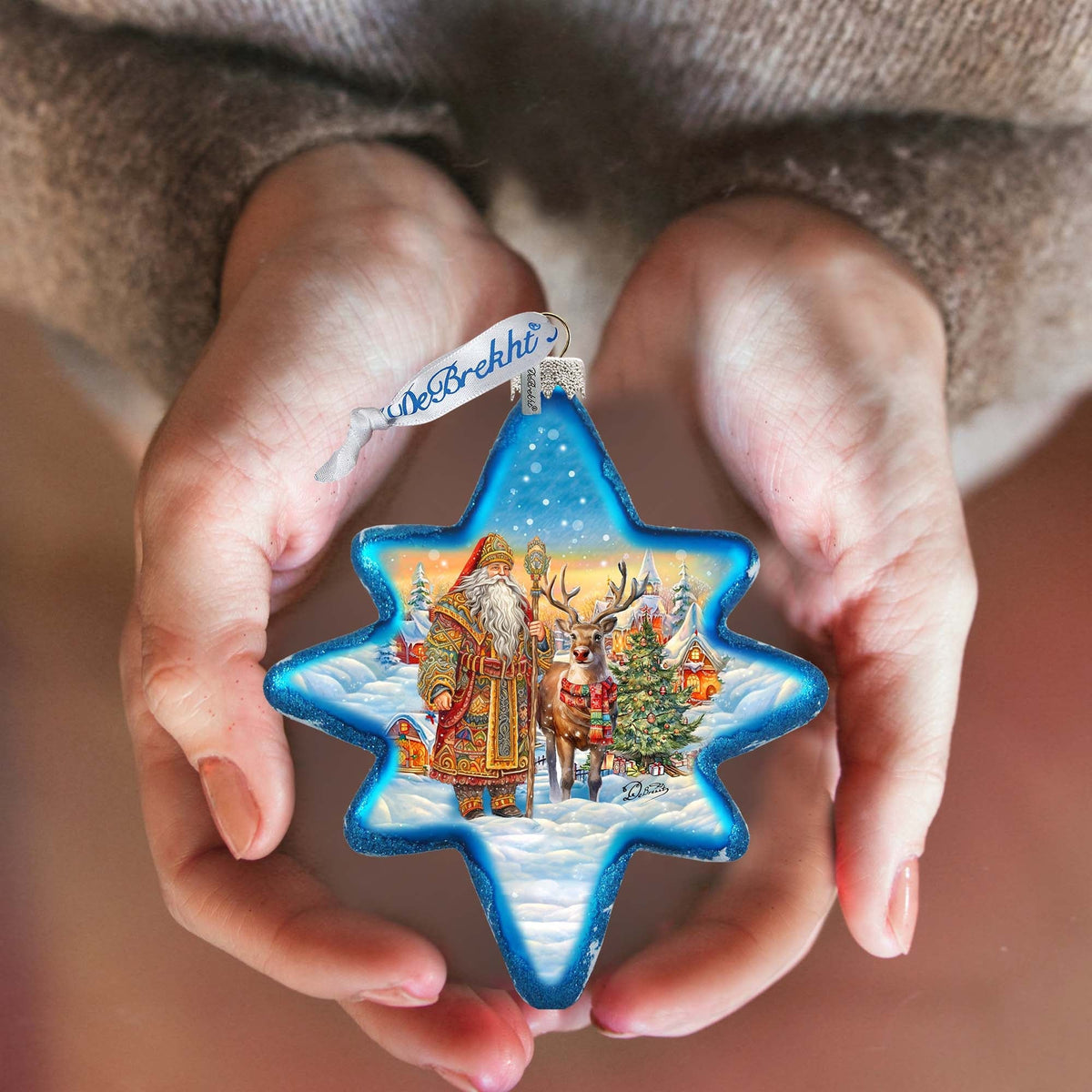Santa with Reindeer Star Glass Ornament
