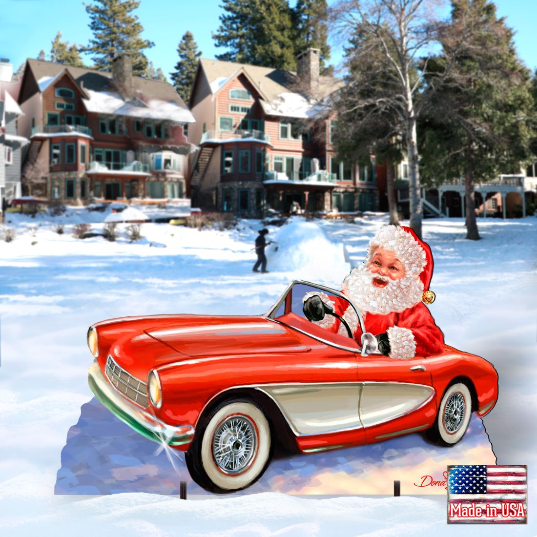 Santa Sports Car Christmas Outdoor Scene by D. Gelsinger - Christmas Santa Snowman Decor - 8461030F-1554