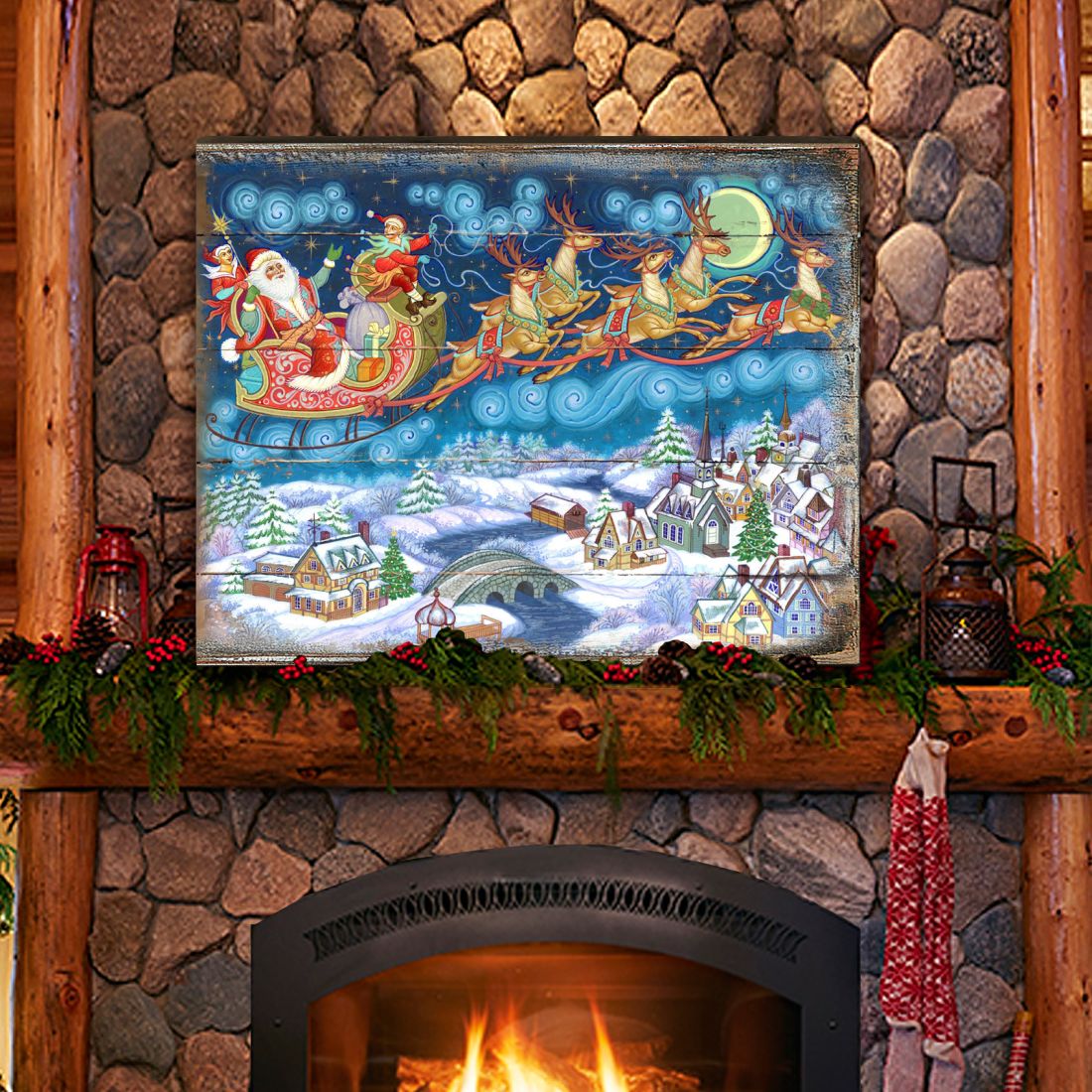 Up-Up and Away Santa Wooden Wall Art by G. DeBrekht - Christmas Santa Snowman Decor - 8151062B