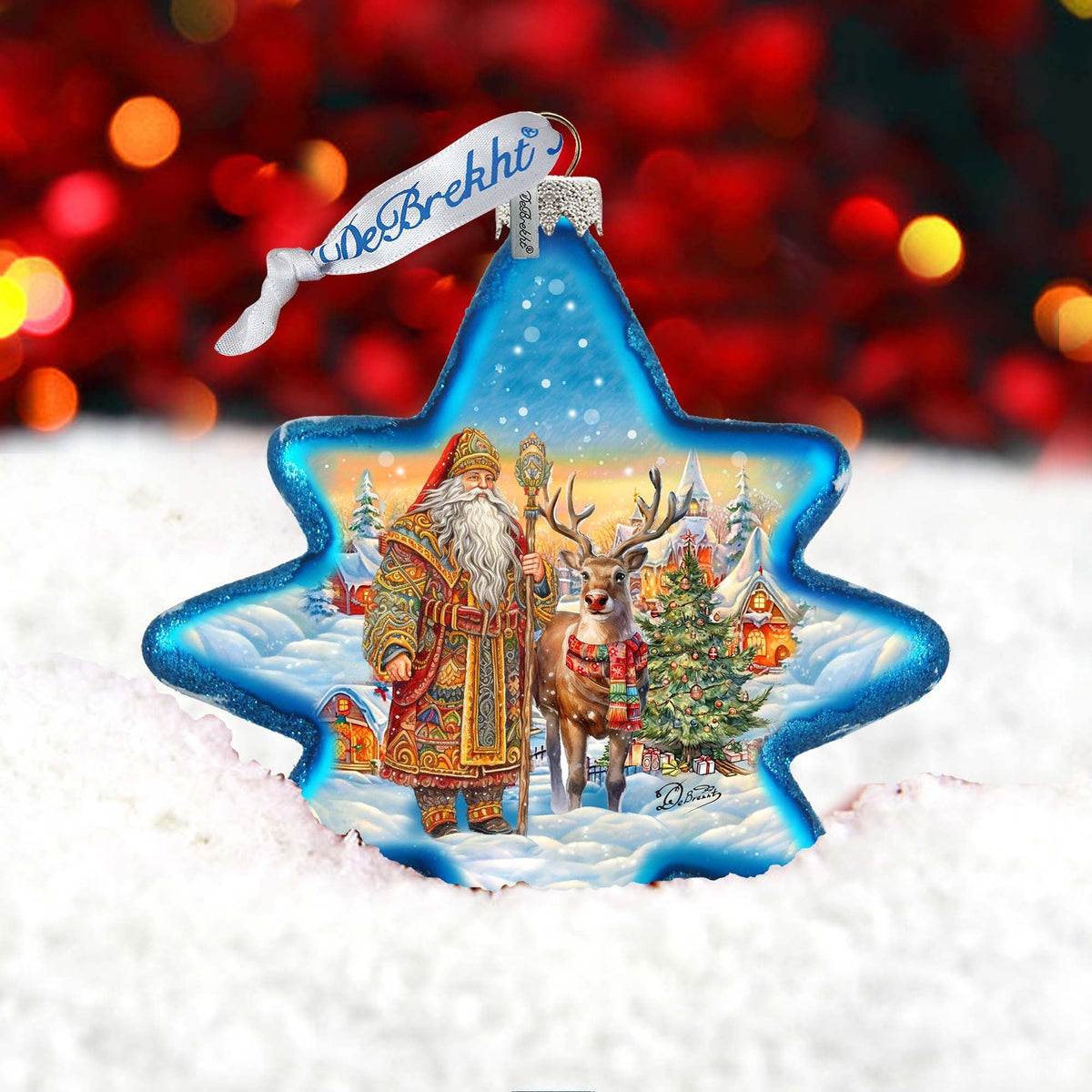 Santa with Reindeer Star Glass Ornament