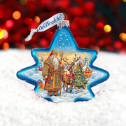 Santa with Reindeer Star Glass Ornament