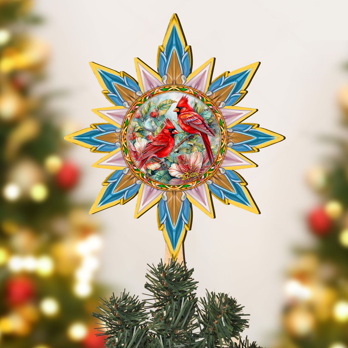 Christmas Cardinals Star Tree Topper Wooden Decor