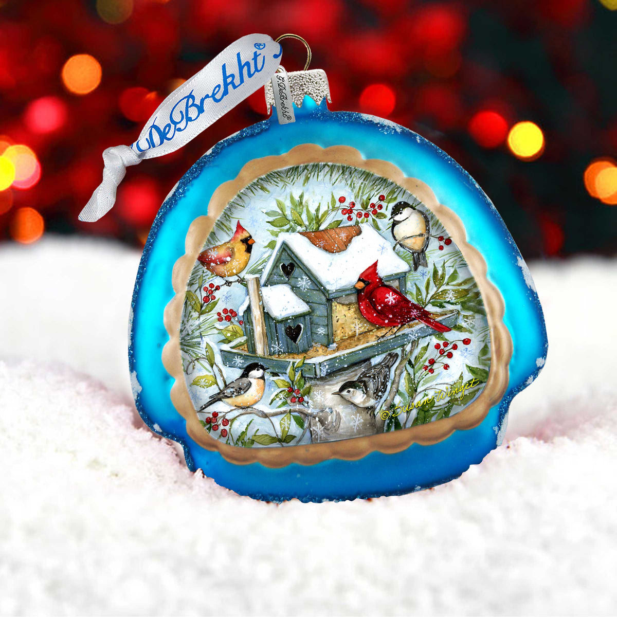 Winter Cardinals Glass Birdhouse Christmas Ornament