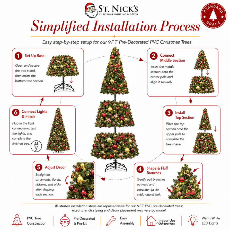 9FT Pre-Decorated Commercial PVC Christmas Tree with Red, Burgundy & Gold Ornaments – Warm White Lights