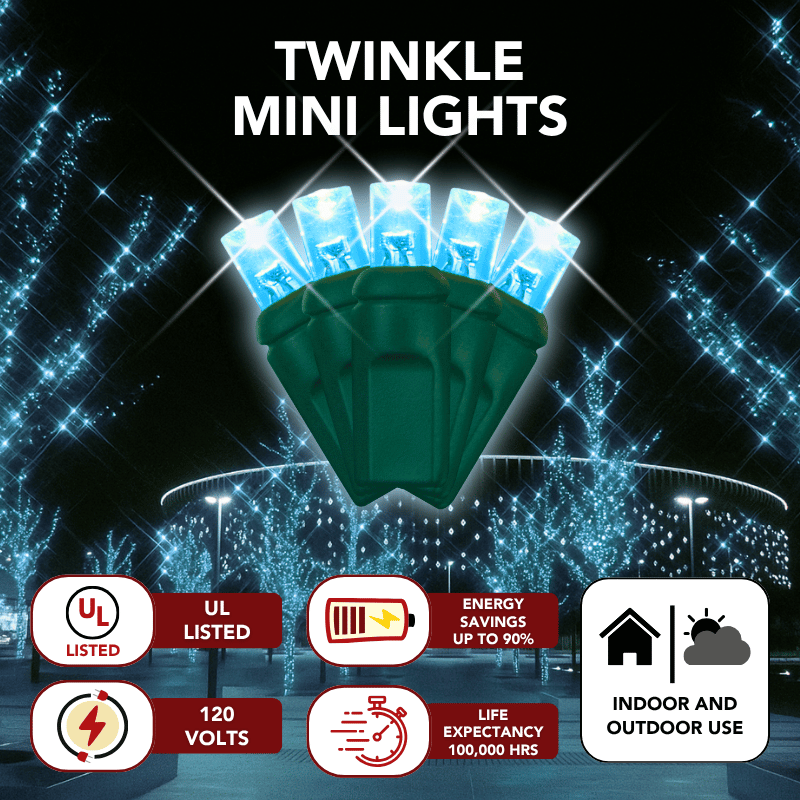 LED Mini Lights 5MM Aqua Twinkle Green Wire - 6" Spacing