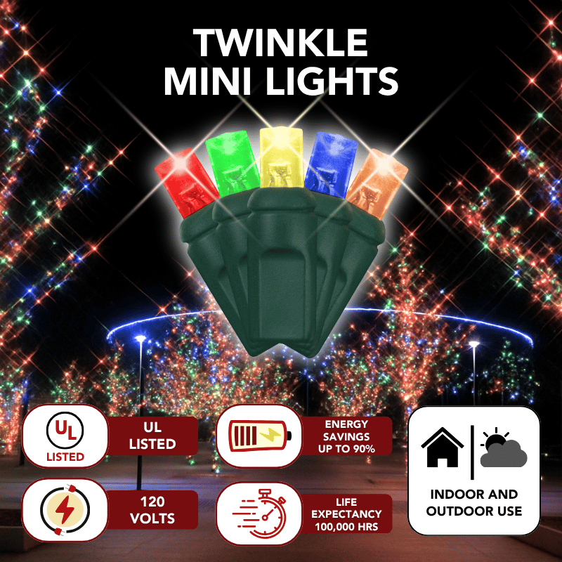 LED Mini Lights 5MM Multicolor Soft Twinkle Green Wire - 6" Spacing