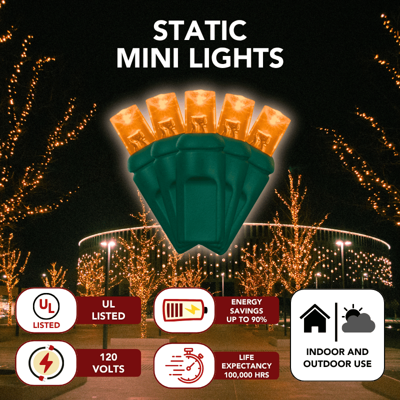 LED Mini Lights 5MM Orange Static Green Wire - 6" Spacing