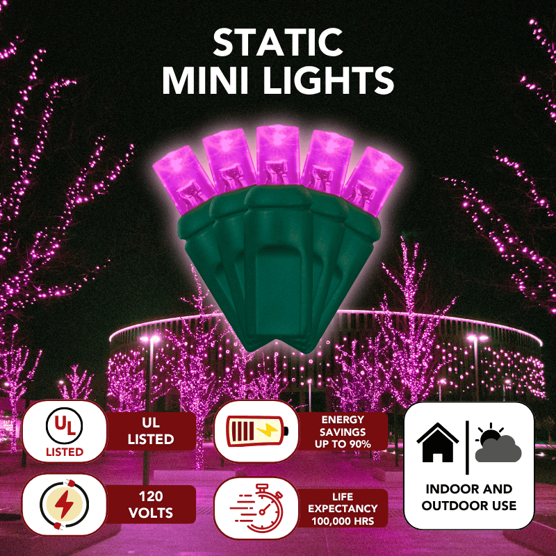 LED Mini Lights 5MM Pink Static Green Wire 6" Spacing