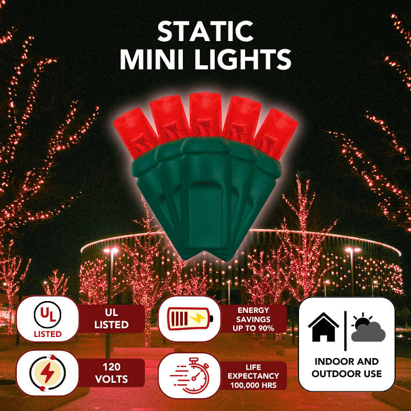 LED Mini Lights 5MM Red Static Green Wire 6" Spacing