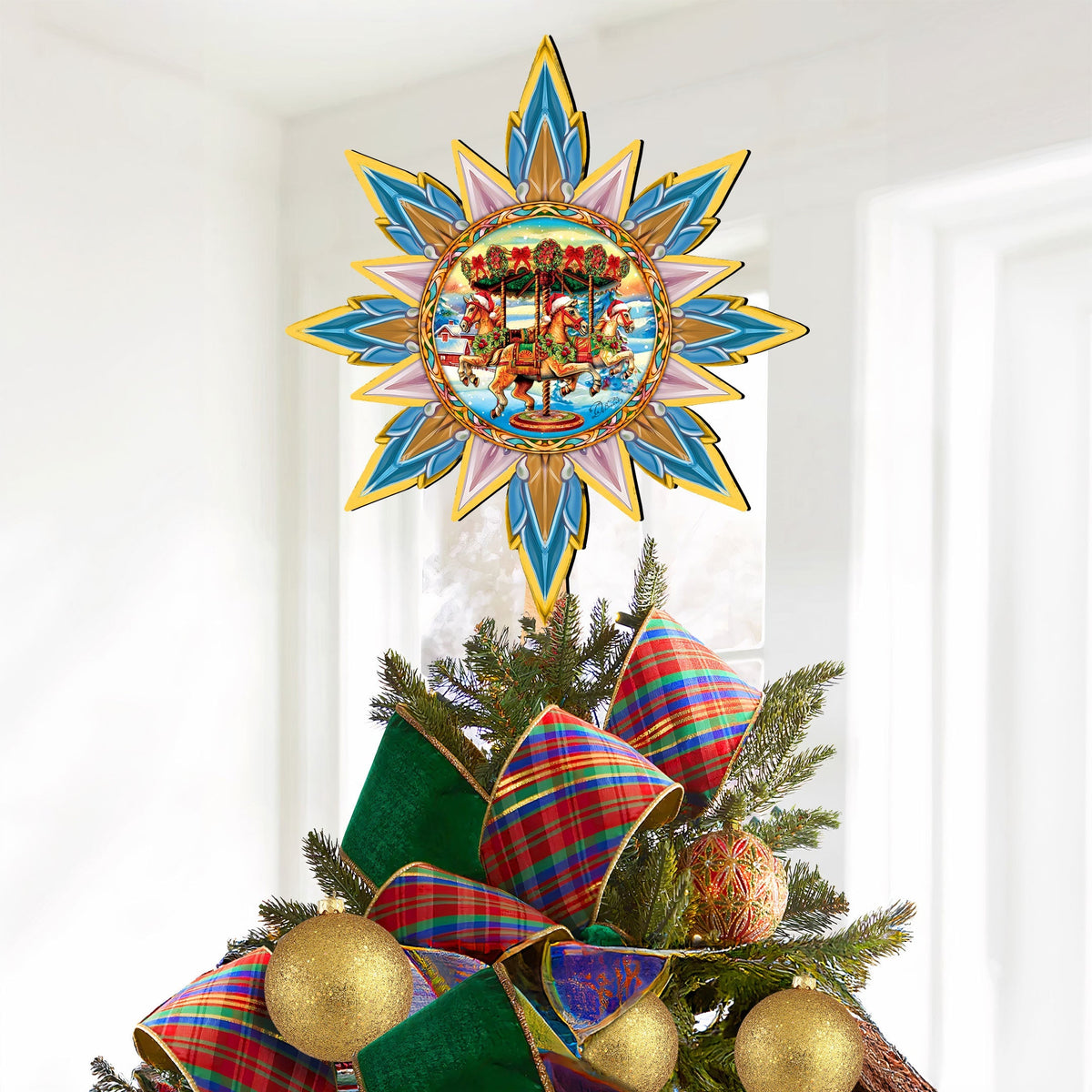Christmas Carousel Star Tree Topper Wooden Decor