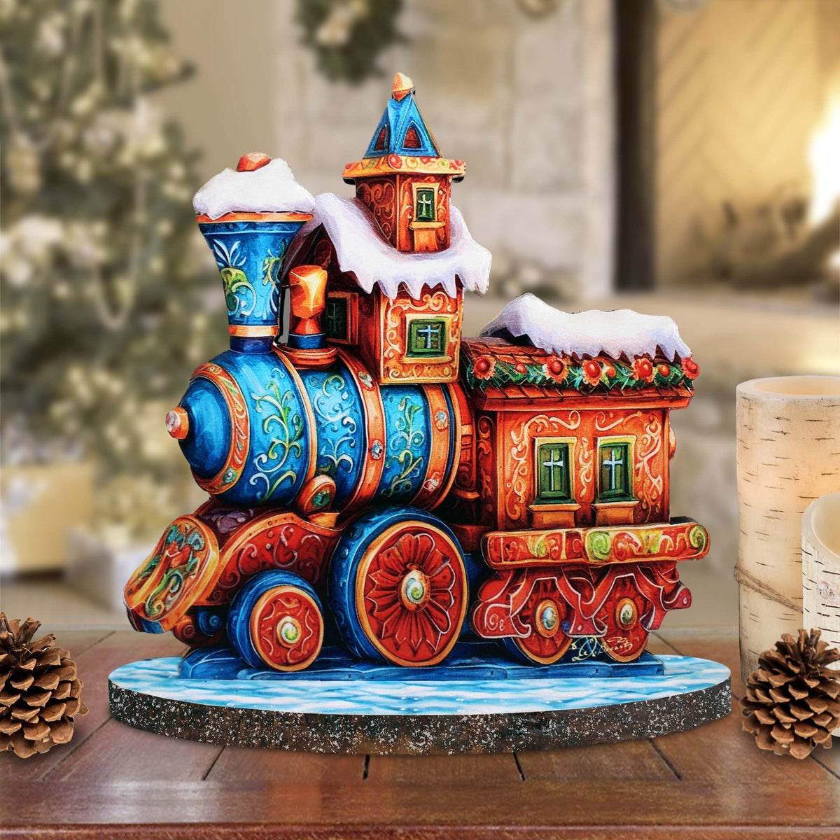 Winter Express Train Limited Edition Wooden Figurine by G. Debrekht - Centerpiece Christmas Decor - 89323