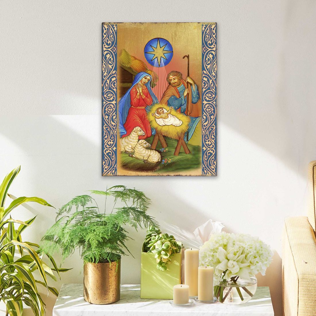 Nativity Birth Wooden Gold Plated Religious Orthodox Sacred Icon - Inspirational Icon Decor - 85019