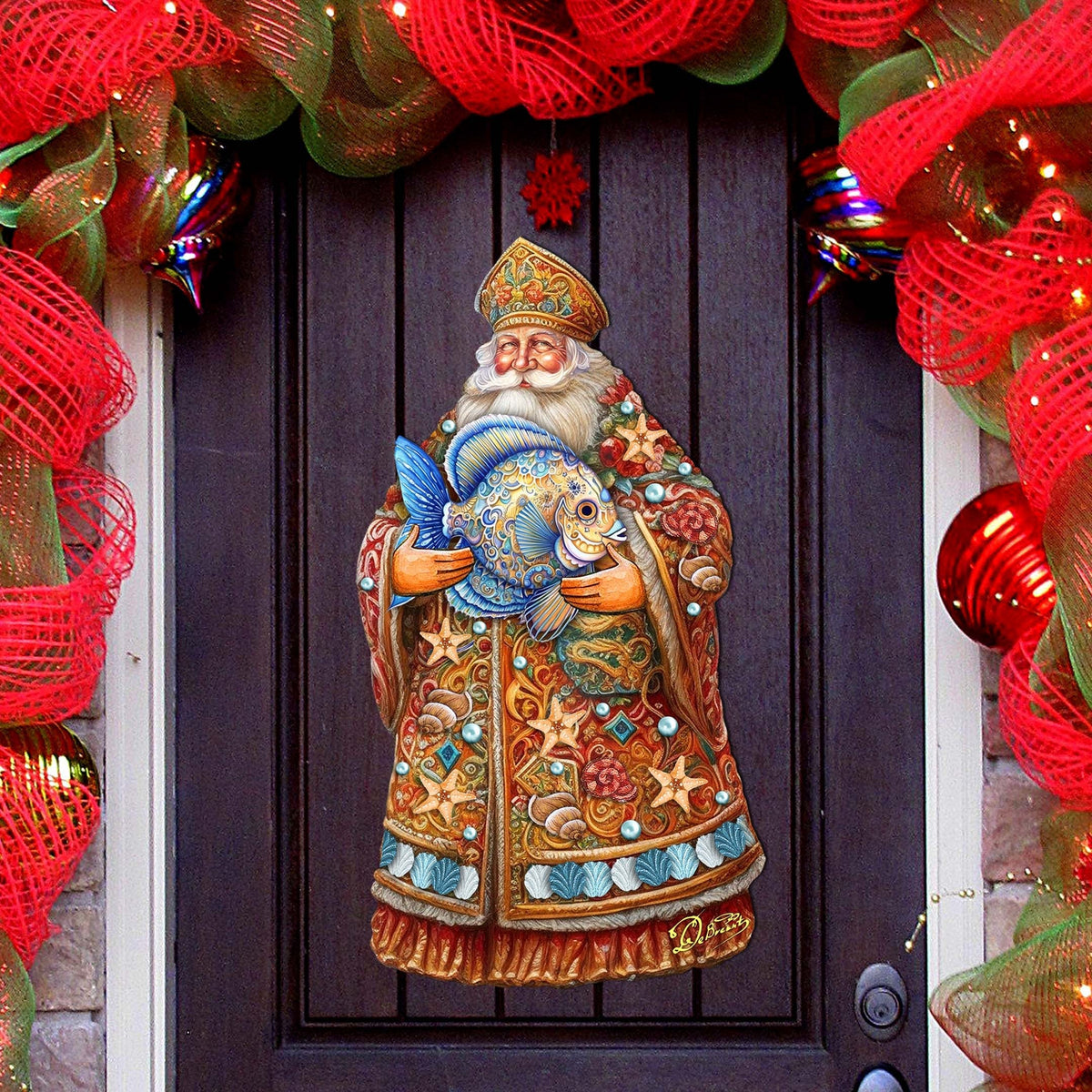 Santa with Fish Holiday Door Decor by G. Debrekht - Christmas Santa Snowman Decor - 8691411H